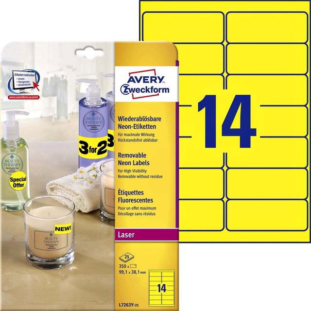 Etiket Avery L7263Y-25 99.1x38.1mm neon geel 350 stuks