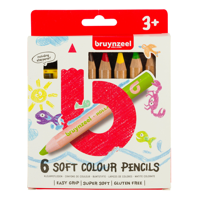 Kleurpotlood Bruynzeel Kids superzacht met puntenslijper set à 6 kleuren
