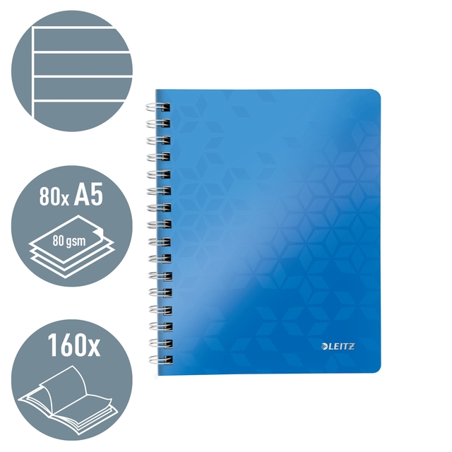 Notitieboek Leitz WOW A5 spiraal 160 pagina's lijn blauw