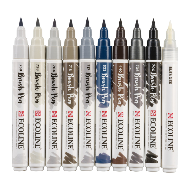 Brushpen Talens Ecoline set à 10 stuks grijs