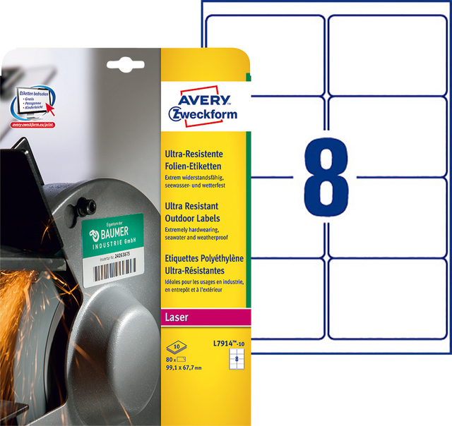 Etiket Avery L7914-10 99.1x67.7mm polyethyleen wit 80 stuks