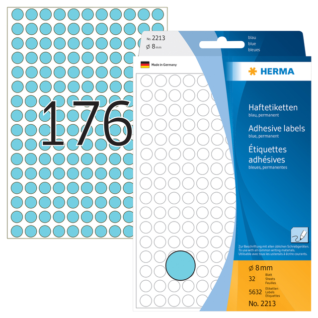 Etiket HERMA 2213 rond 8mm blauw 5632 stuks