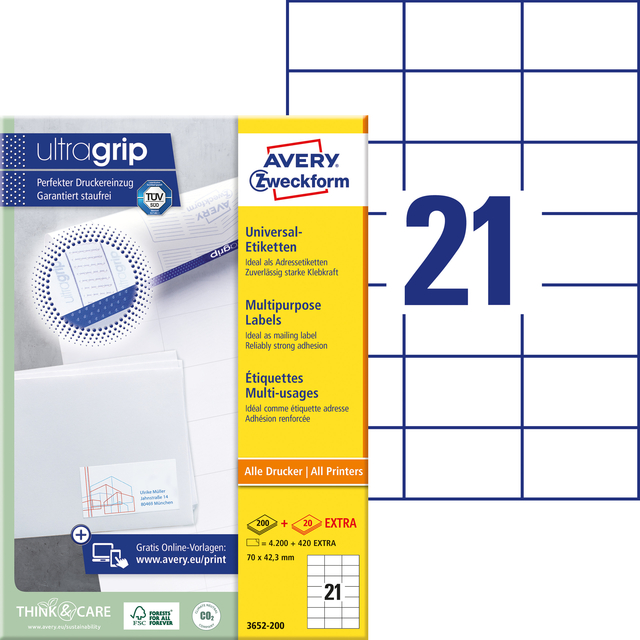 Etiket Avery 3652-200 70x42.3mm wit 4200 stuks