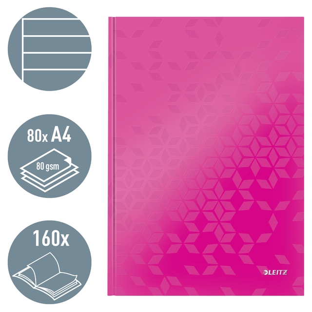 Notitieboek Leitz WOW A4 160 pagina's 90gr lijn roze