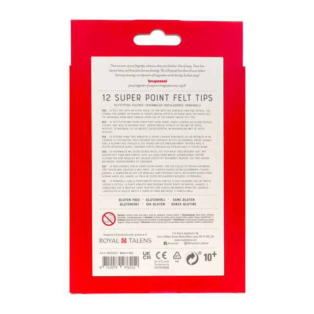 Viltstift Bruynzeel Super Point met witte wisstift set à 12 kleuren