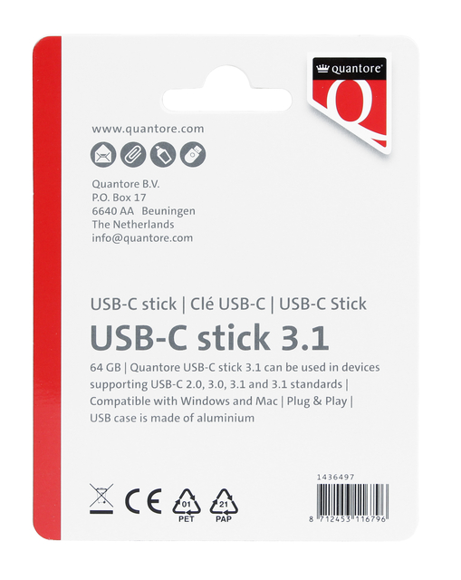 USB stick 3.1 Quantore USB-C 64GB zilver