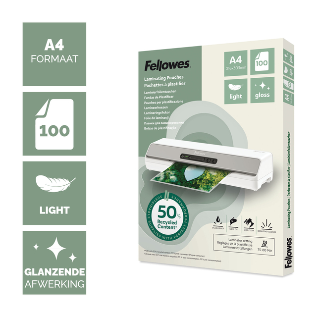 Lamineerhoes Fellowes A4 light 50% gerecycled glans 100stuks