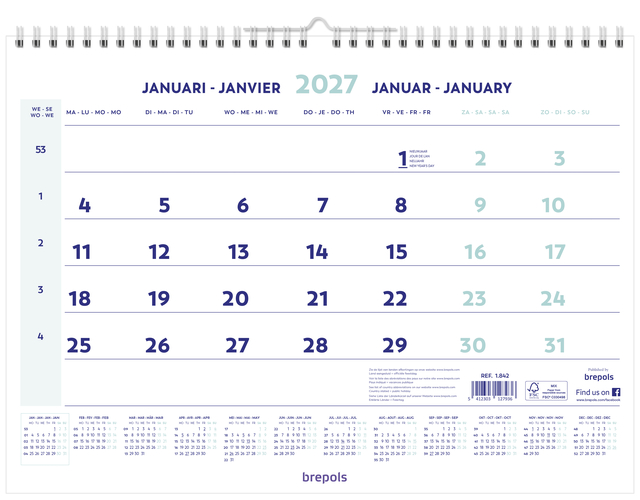 1-Maandskalender 2027 Brepols 43x31.5cm