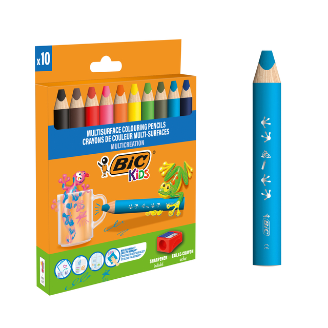 Kleurpotloden BicKids Multi Surface + puntenslijper assorti 10 stuks
