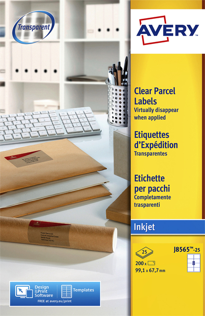 Etiket Avery J8565-25 99.1x67.7mm transparant 200 stuks