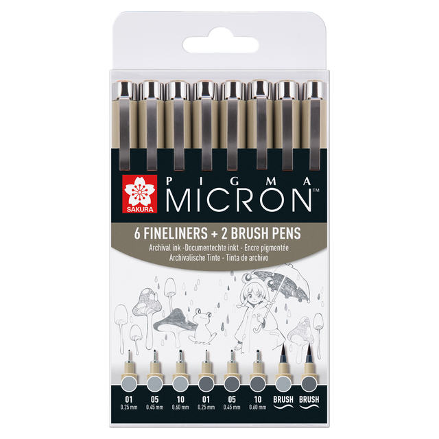 Fineliner Sakura Pigma Micron set à 6 schrijfbreedtes met twee brushpennen koudgrijs