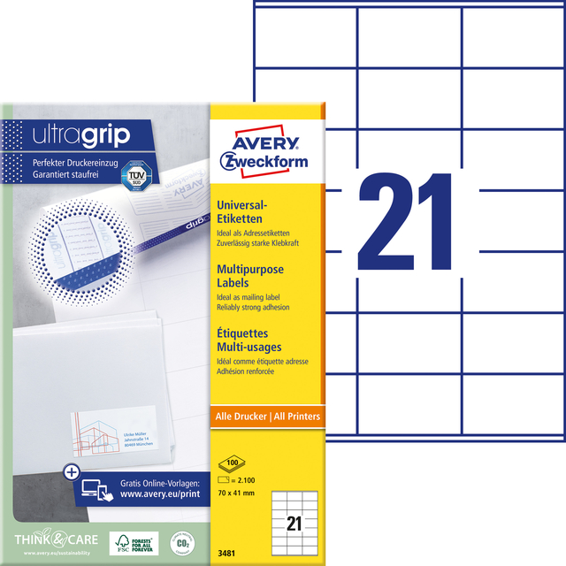 Etiket Avery 3481 70x41mm wit 2100 stuks