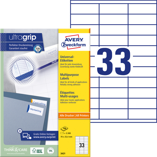 Etiket Avery 3421 70x25.4mm wit 3300 stuks